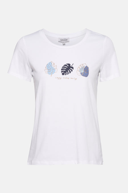 Wit T-shirt met korte mouwen van MORE & MORE met palmbladmotief en gouden letters.