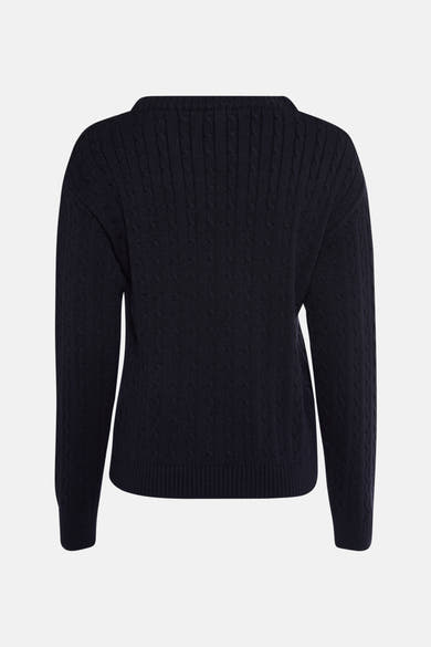 Marineblauwe trui met ronde hals van MORE & MORE met all-over kabelpatroon.