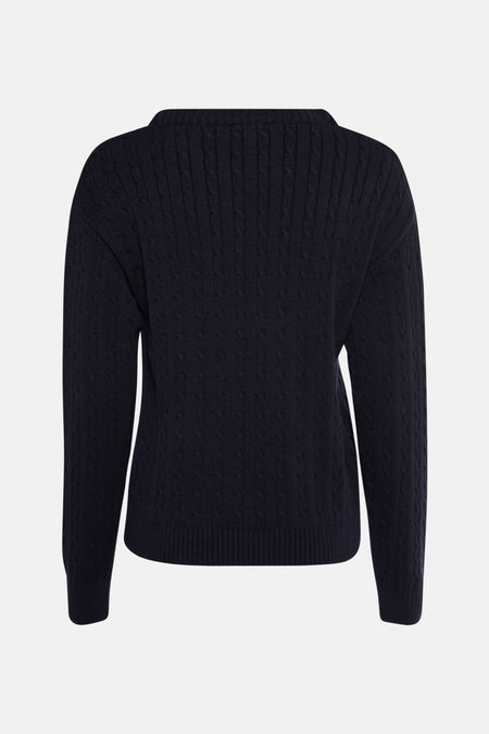 Marineblauwe trui met ronde hals van MORE & MORE met all-over kabelpatroon.