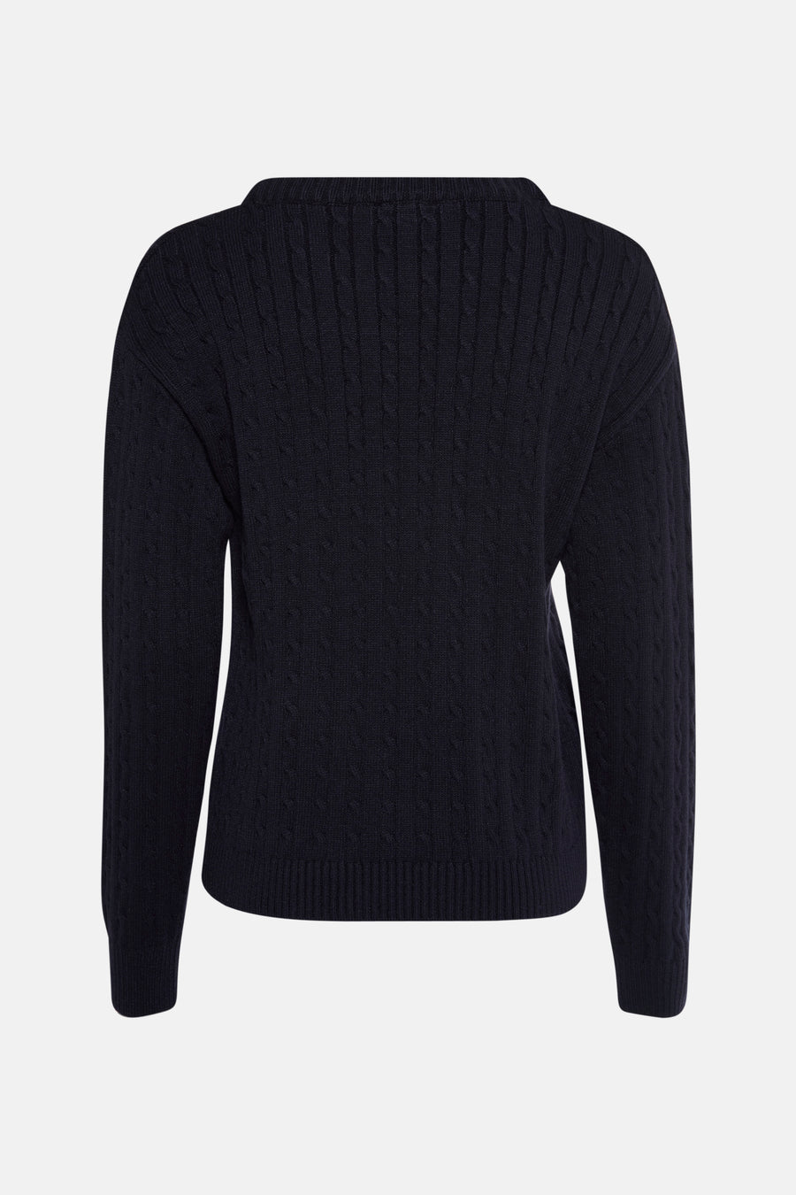 Marineblauwe trui met ronde hals van MORE & MORE met all-over kabelpatroon.