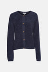 Blauwe gebreide cardigan van MORE & MORE met gouden knoopsluiting op een effen achtergrond.