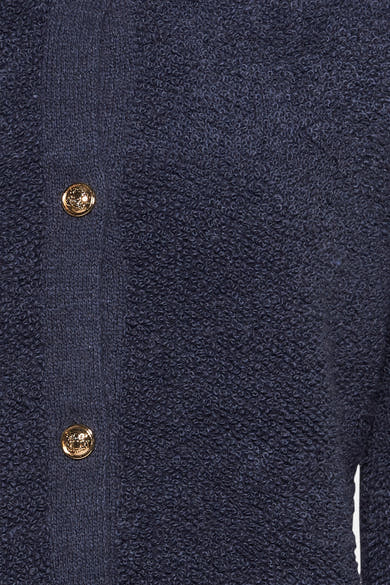 Blauwe bouclé cardigan van MORE & MORE, met gouden knopen en geribde boorden.