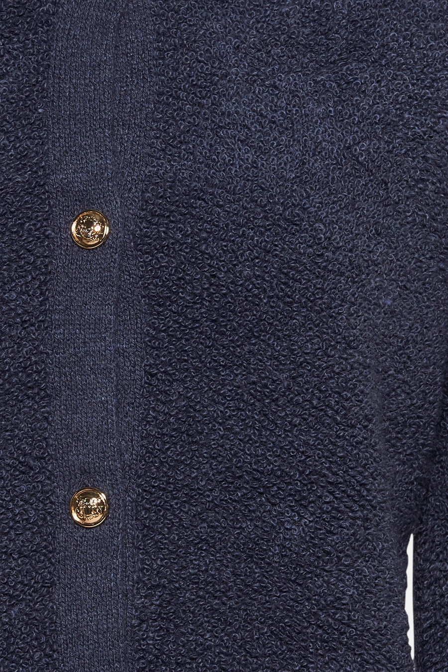 Blauwe bouclé cardigan van MORE & MORE, met gouden knopen en geribde boorden.