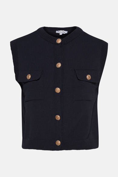 Blauwe tanktop van MORE & MORE, in fijne tricot met gouden knoopzakken.