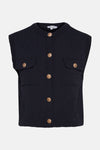 Blauwe tanktop van MORE & MORE, in fijne tricot met gouden knoopzakken.