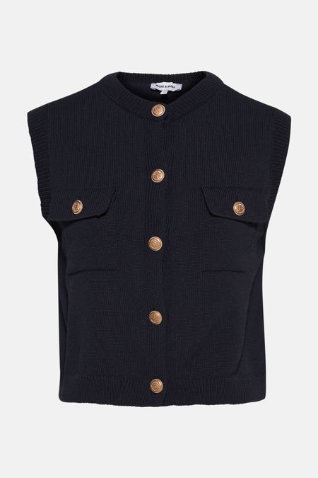 Blauwe tanktop van MORE & MORE, in fijne tricot met gouden knoopzakken.