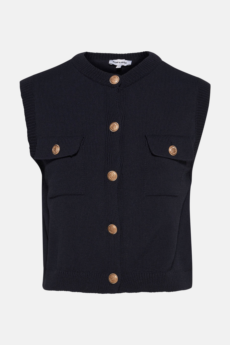 Blauwe tanktop van MORE & MORE, in fijne tricot met gouden knoopzakken.