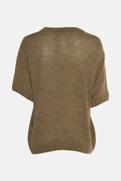 Khaki ronde hals trui van MORE & MORE, in opengebreide stof met korte mouwen, achterzijde.