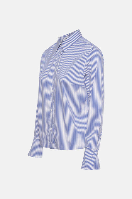 Blauw gestreept overhemd met lange mouwen van MORE & MORE met een borstzak en uitlopende manchetten.