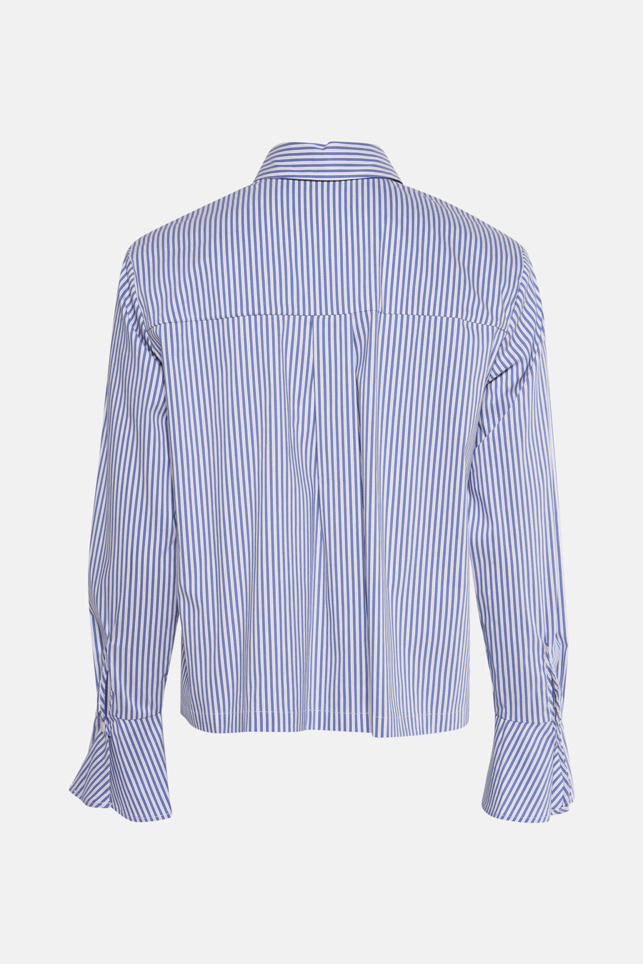 Blauwe gestreepte blouse met lange mouwen van MORE & MORE, van achteren gezien met uitlopende manchetten.