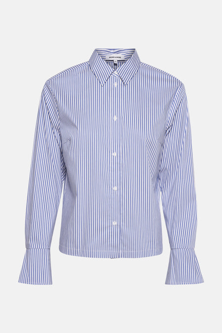 Blauw-wit gestreept overhemd met lange mouwen van MORE & MORE, met uitlopende mouwen en witte knopen.