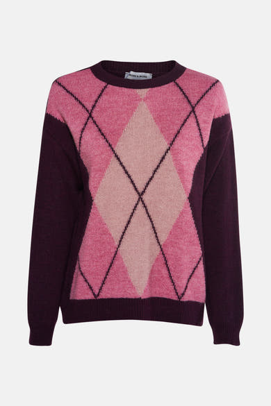 Multikleuren rondehals trui van MORE & MORE met ruitpatroon en gebreide textuur.