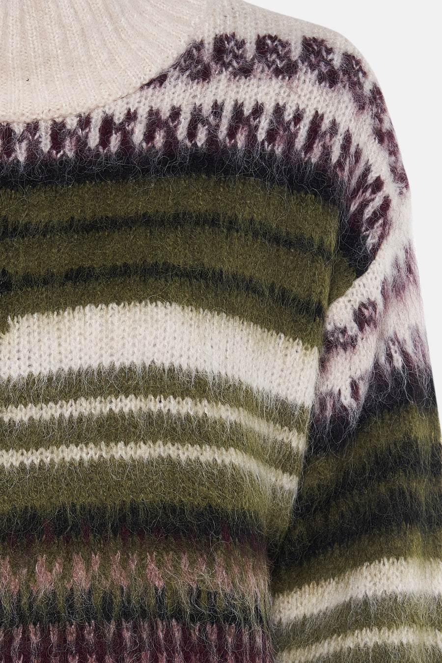 Pull à col roulé multicolore de MORE & MORE, à rayures et motif Fair Isle, en maille duveteuse.
