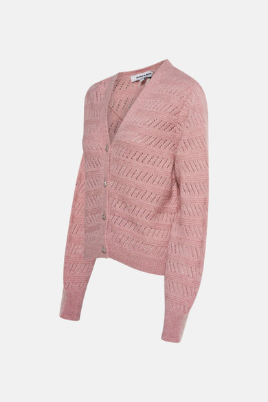 Roze gebreid vest met ajourpatroon van MORE & MORE, met decoratieve knopen en lange mouwen.