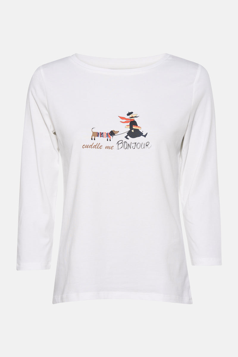 Wit T-shirt met korte mouwen van MORE & MORE met een afbeelding van een hond en een Franse buldog.