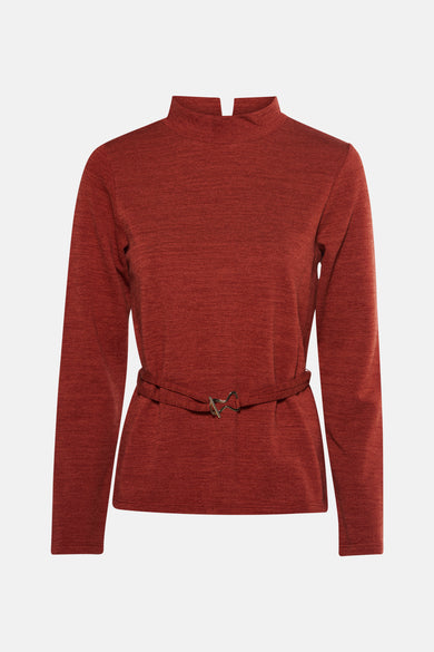 Lange mouwen T-shirt baksteen van MORE & MORE, met ceintuur en opstaande kraag.
