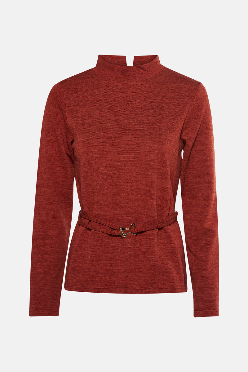 Lange mouwen T-shirt baksteen van MORE & MORE, met ceintuur en opstaande kraag.