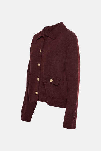 Bruine gebreide cardigan van MORE & MORE, met kraag, gouden knopen en borstzak.