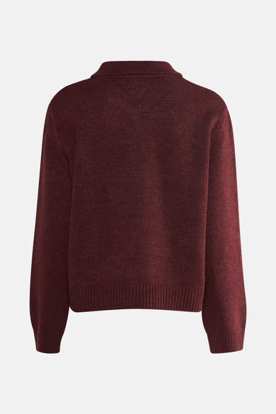Cardigan marron de MORE & MORE, en maille texturée, avec un col chemise et des manches longues.