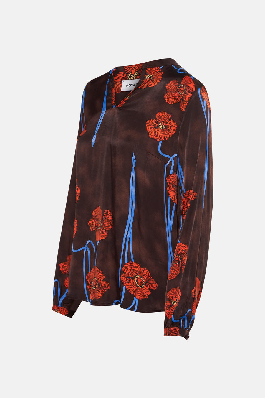 Bruin overhemd met lange mouwen en bloemenprint, van MORE & MORE, met rode bloemen en blauwe lijnen.