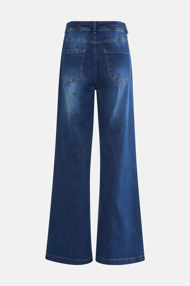 Rechte donkerblauwe denim jeans van MORE & MORE, achterkant, met zakken en riemlussen.