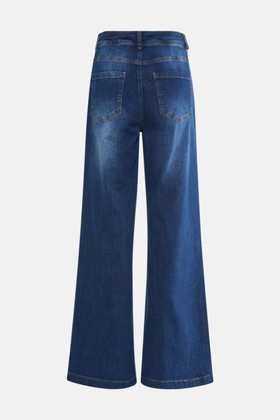 Rechte donkerblauwe denim jeans van MORE & MORE, achterkant, met zakken en riemlussen.