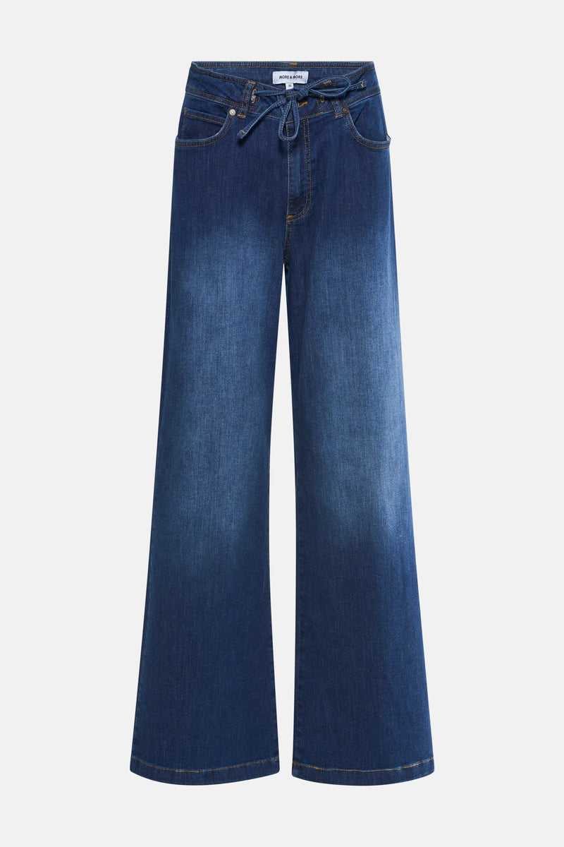 Rechte donkerblauwe denim jeans van MORE & MORE, met taille met trekkoord en wijde pijpen.