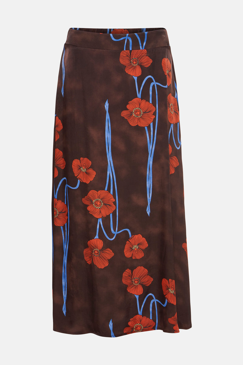 Multikleurige lange rok van MORE & MORE met rood bloemenpatroon en blauwe stelen.
