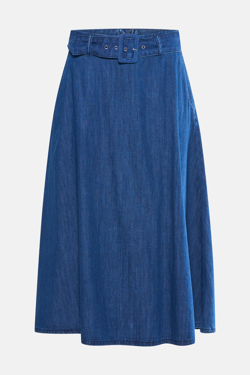 Jupe longue en denim bleu moyen de MORE & MORE avec une ceinture assortie à boucle rectangulaire.