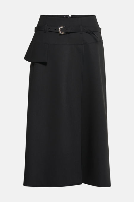 Jupe noire mi-longue par MORE & MORE, avec ceinture à boucle asymétrique et coupe trapèze.