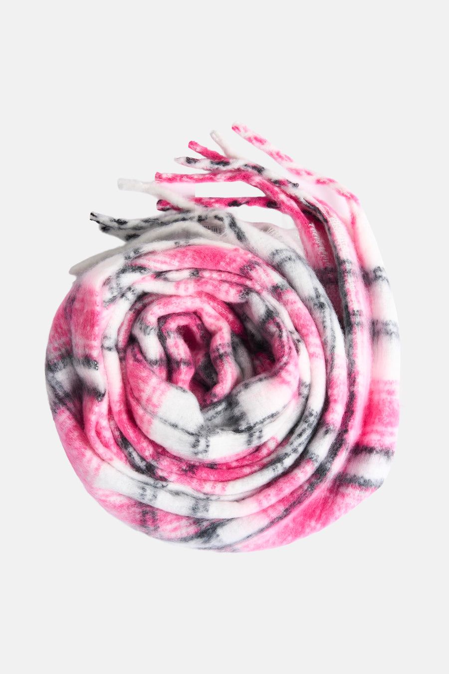 Geruit sjaal in roze en wit van MORE & MORE, omwikkeld met decoratieve franjes.