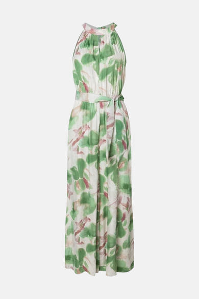 Multikleurige jumpsuit van MORE & MORE met groen en roze bloemenprint, losse pasvorm en strikceintuur.