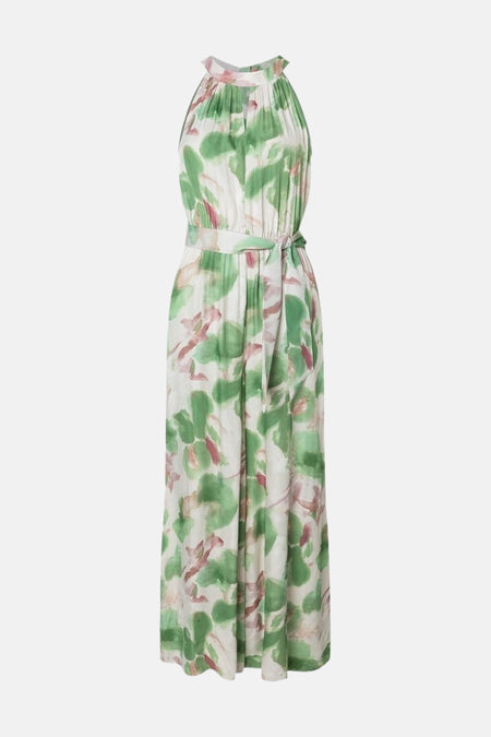 Multikleurige jumpsuit van MORE & MORE met groen en roze bloemenprint, losse pasvorm en strikceintuur.