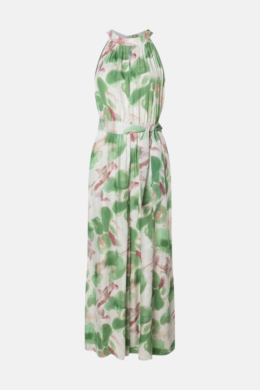 Multikleurige jumpsuit van MORE & MORE met groen en roze bloemenprint, losse pasvorm en strikceintuur.
