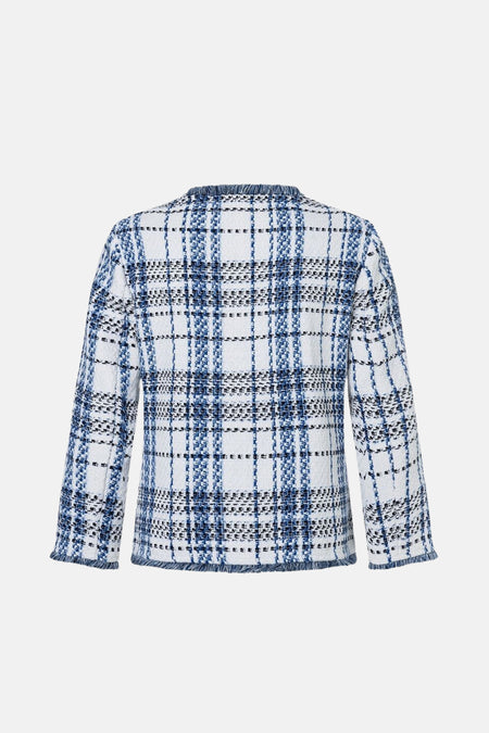 Veste courte multicolore de MORE & MORE, à carreaux texturés avec bordure à franges, vue arrière.
