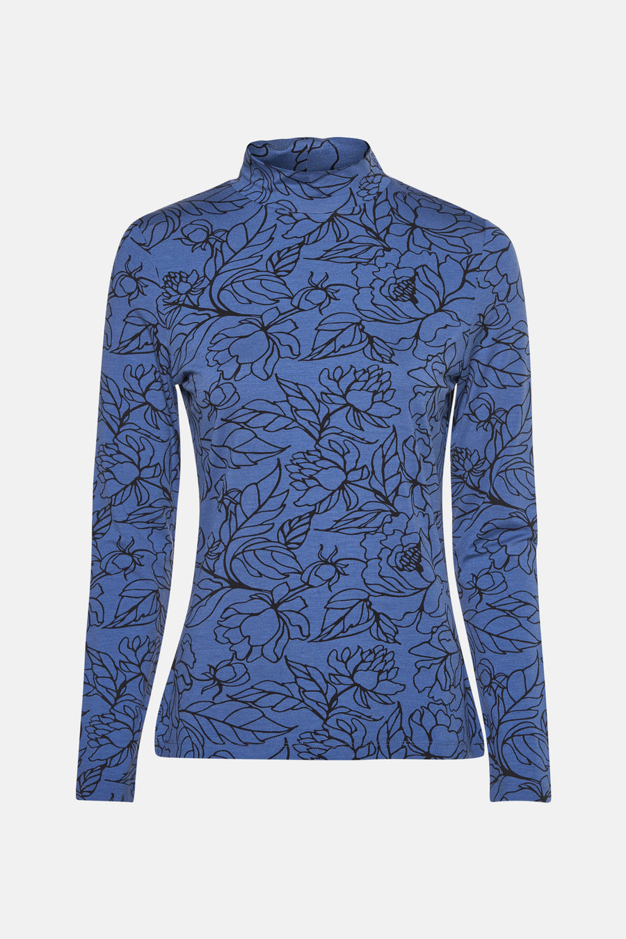 T-shirt à manches longues bleu de MORE & MORE, imprimé de motifs floraux noirs.