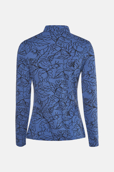 Blauwe T-shirt met lange mouwen van MORE & MORE met een all-over zwart bloemenpatroon.