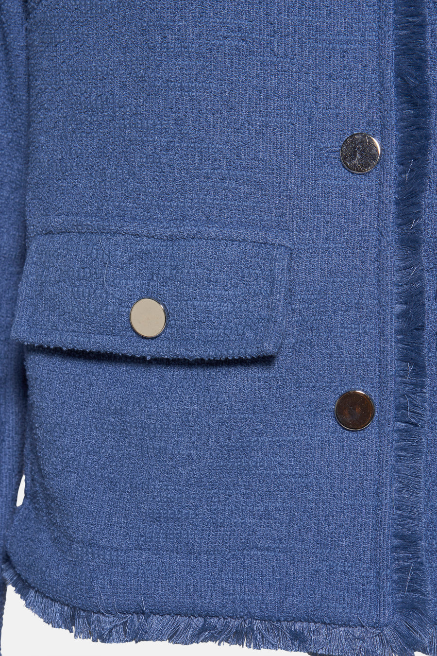 Blauwe tweed gilet van MORE & MORE, met een opgestikte zak en een franjeafwerking.