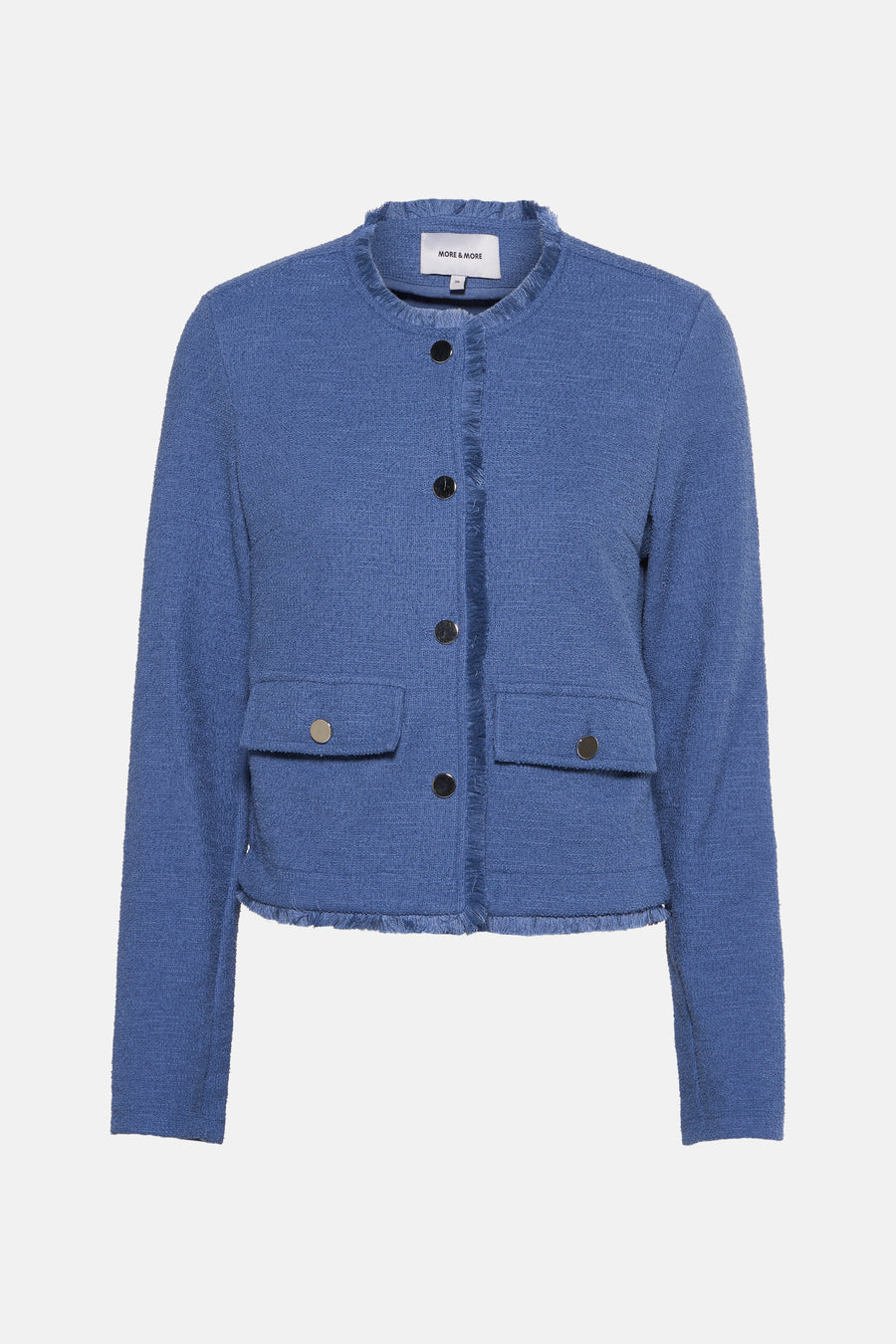 Blauwe textuurvest van MORE & MORE, met een wijde halslijn en opgestikte zakken met knopen.