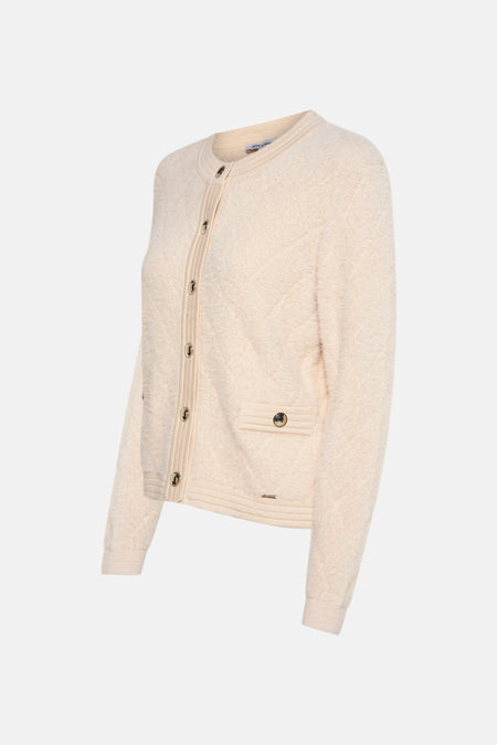 Beige cardigan van zachte breinaard van MORE & MORE, met decoratieve knopen en opgestikte zak.