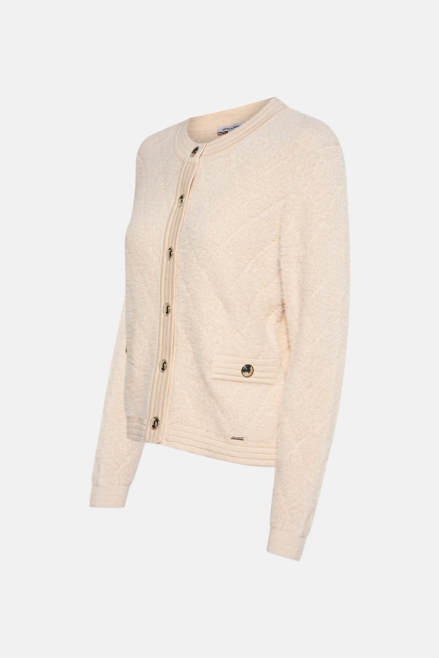 Beige cardigan van zachte breinaard van MORE & MORE, met decoratieve knopen en opgestikte zak.