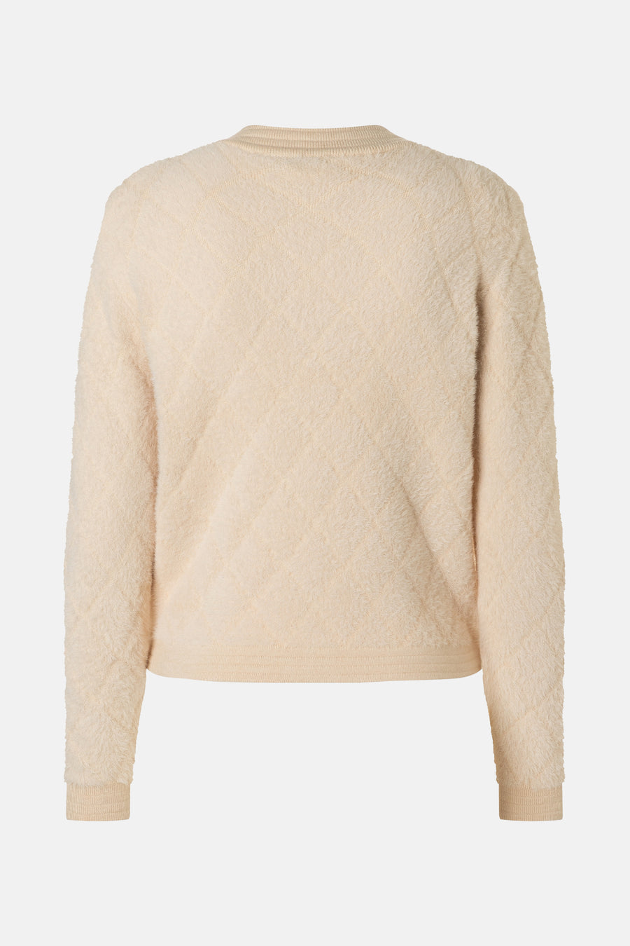 Cardigan beige de MORE & MORE avec une texture duveteuse et un motif en losange.