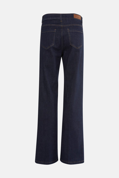 Rechte jeans van donkerblauw denim van MORE & MORE, met achterzakken en een leren label aan de taille.