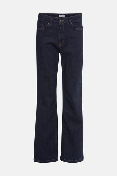 Rechte jeans van donkerblauw denim van MORE & MORE, uitlopende pasvorm, contrasterende stiksels in okerkleur.