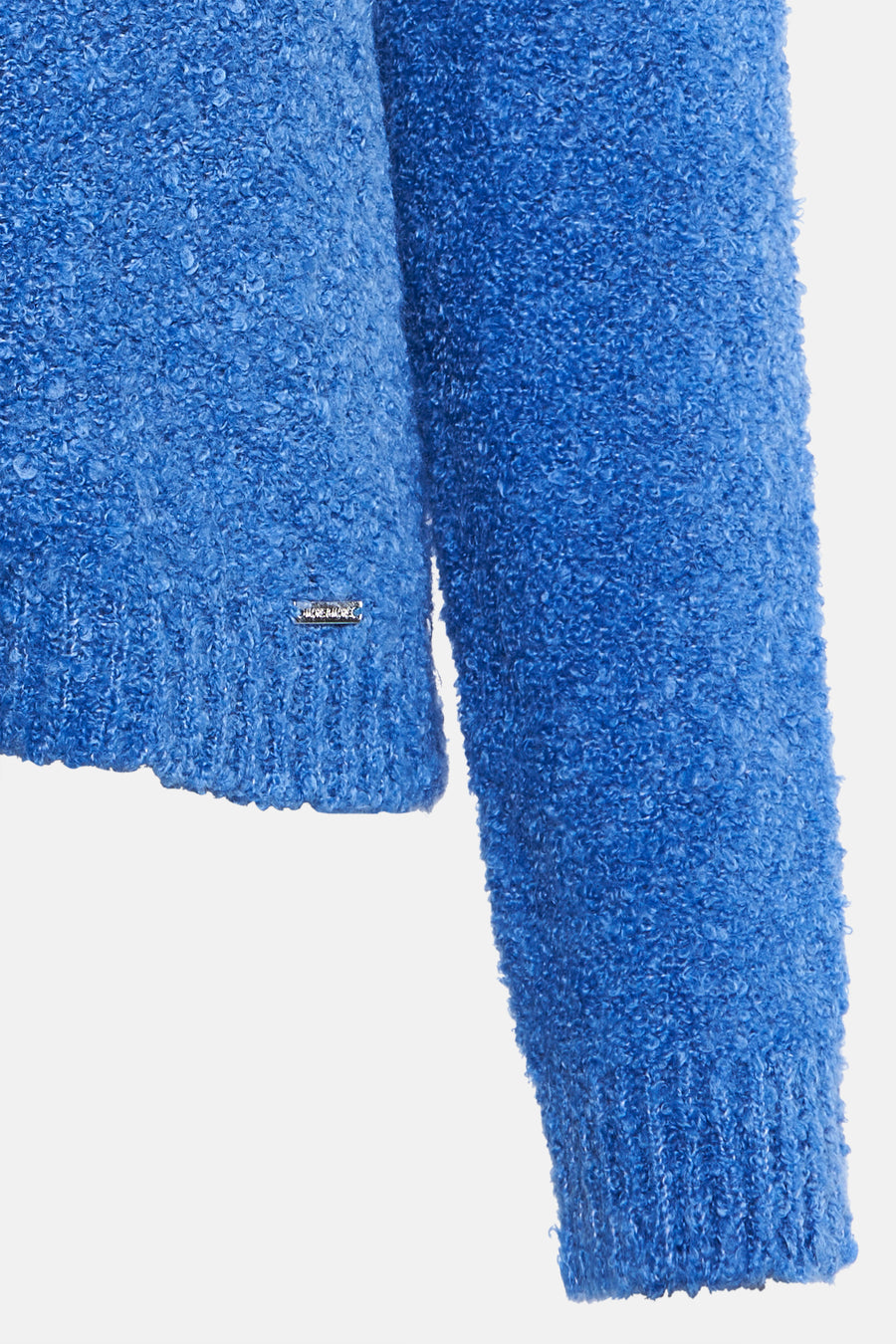 Blauwe trui met ronde hals van MORE & MORE, in getextureerd bouclé breiwerk, met een subtiel logo-detail.