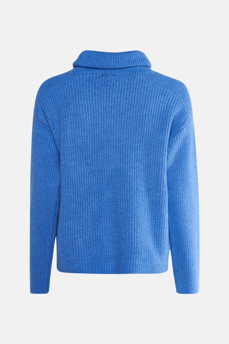 Blauwe trui van MORE & MORE, in ribgebreide stof met col, achterzijde.