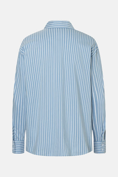 Blauwe gestreepte blouse met lange mouwen van MORE & MORE, van achteren gezien met knoopmanchetten.