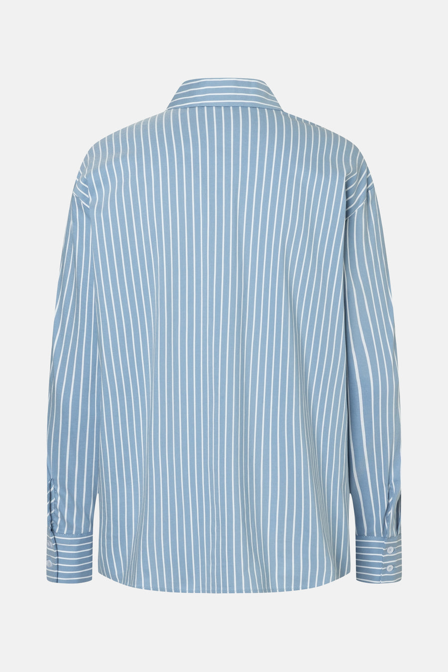 Blauwe gestreepte blouse met lange mouwen van MORE & MORE, van achteren gezien met knoopmanchetten.