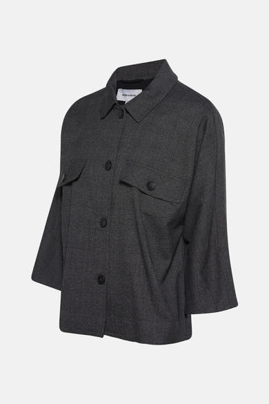Grijze geruite blazer MORE & MORE, met driekwartmouwen, opgestikte zakken met knopen.