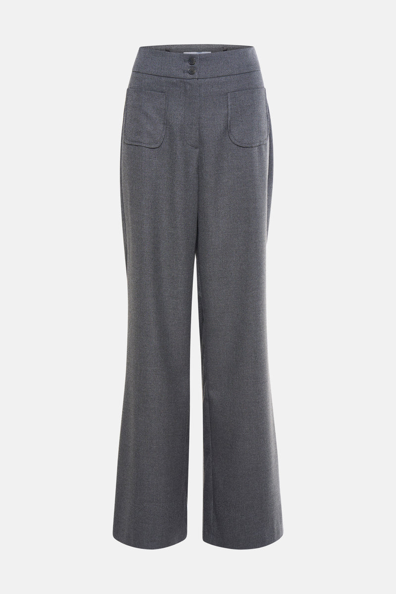 Grijs kostuumbroek van More & More met twee knopen aan de tailleband en een afgeronde zak.